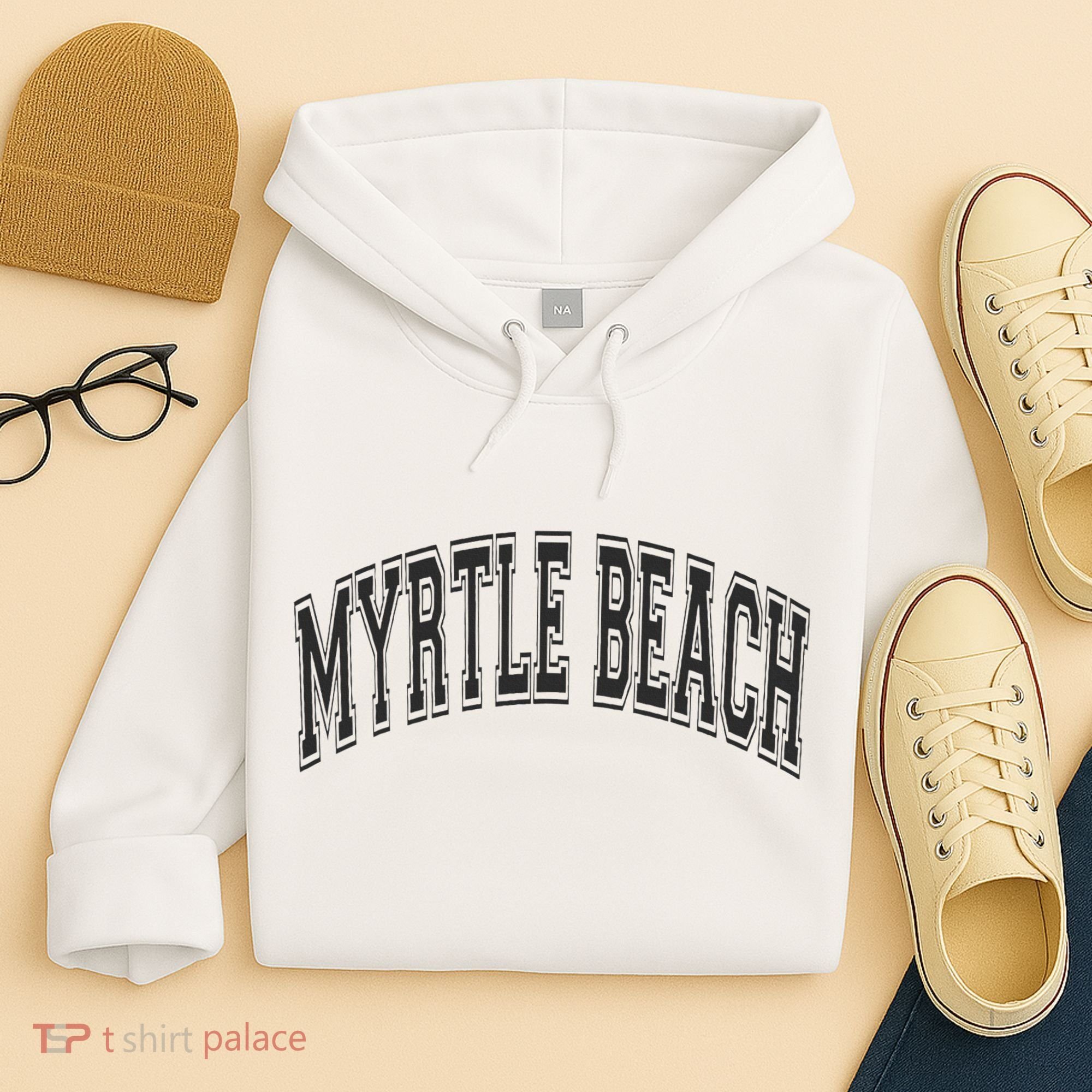 Myrtle Beach Arched Style Text Black With Black Print Hoodie