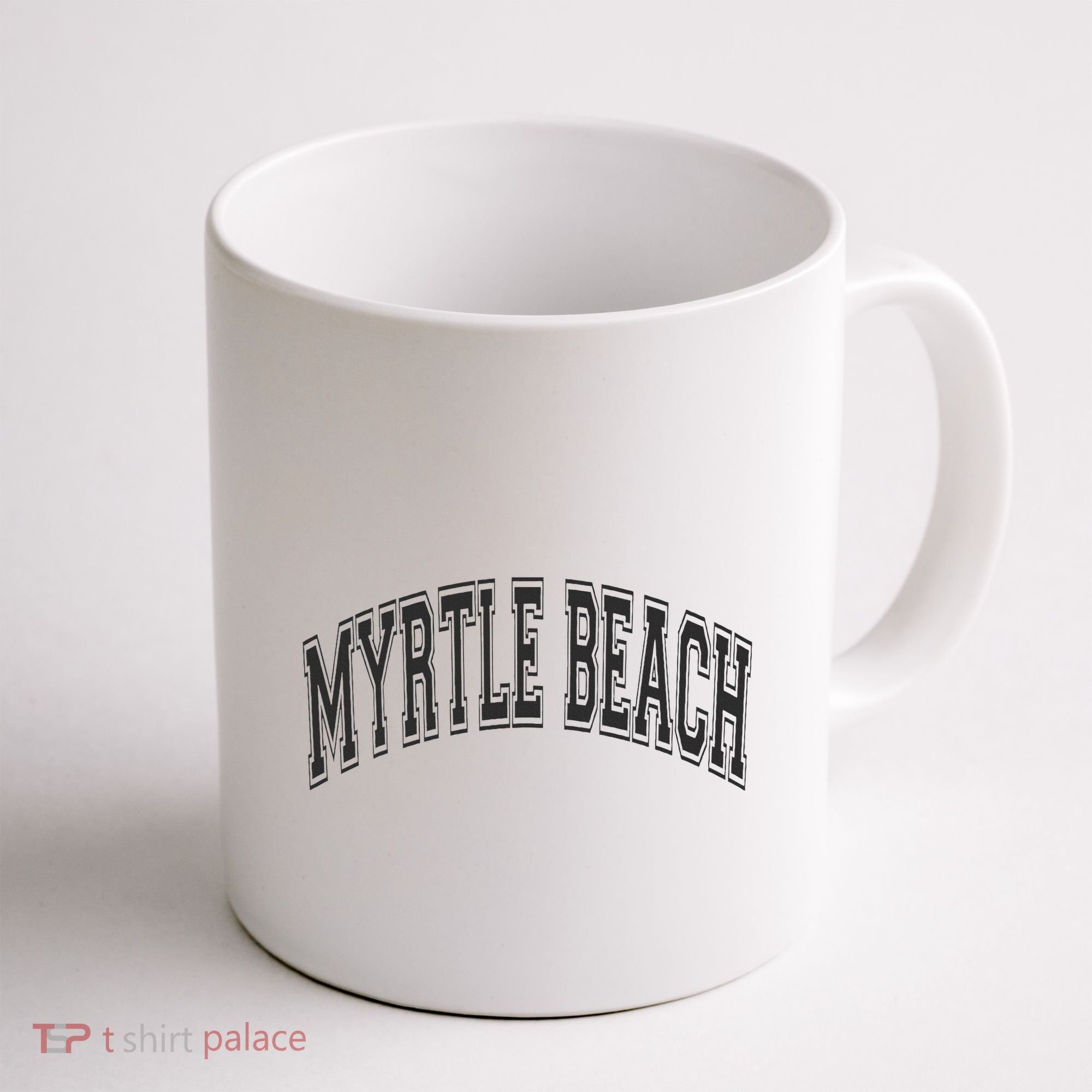 Myrtle Beach Arched Style Text Black With Black Print Coffee Mug