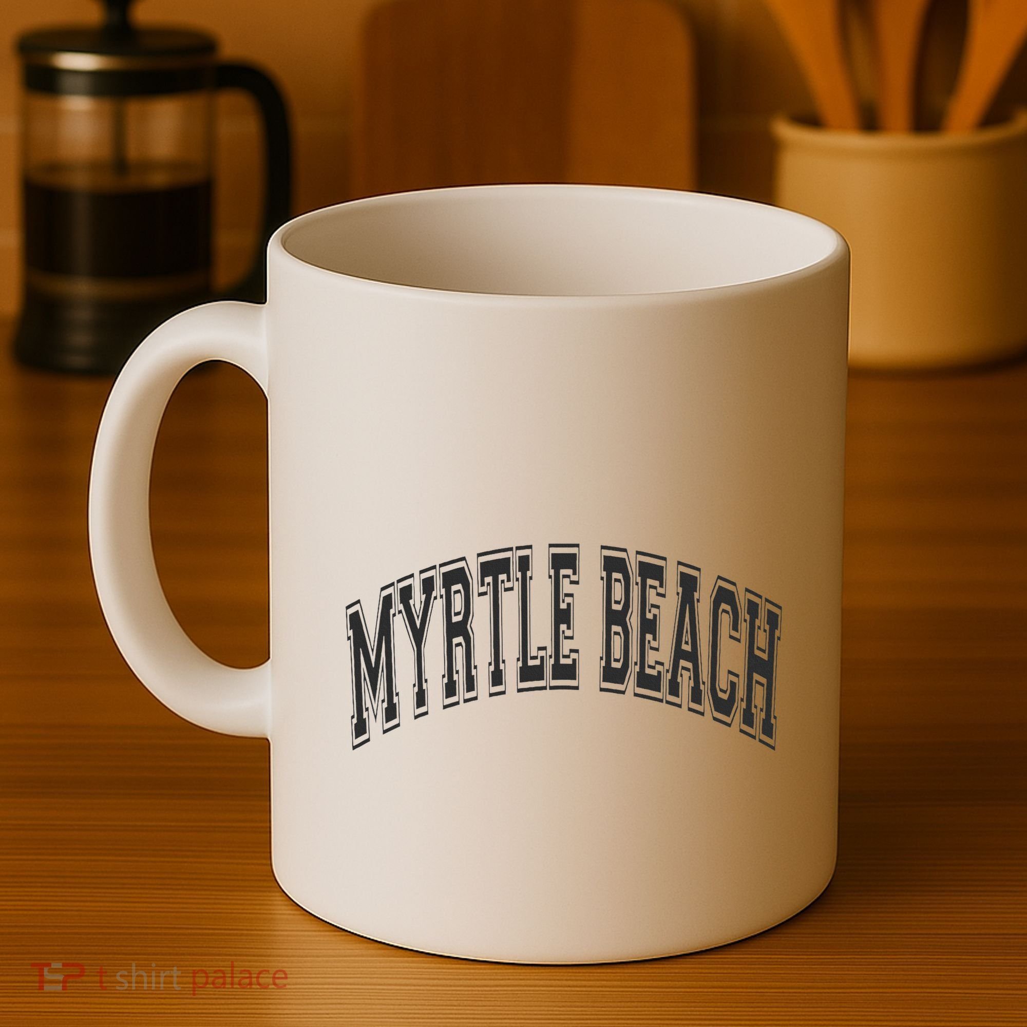 Myrtle Beach Arched Style Text Black With Black Print Coffee Mug