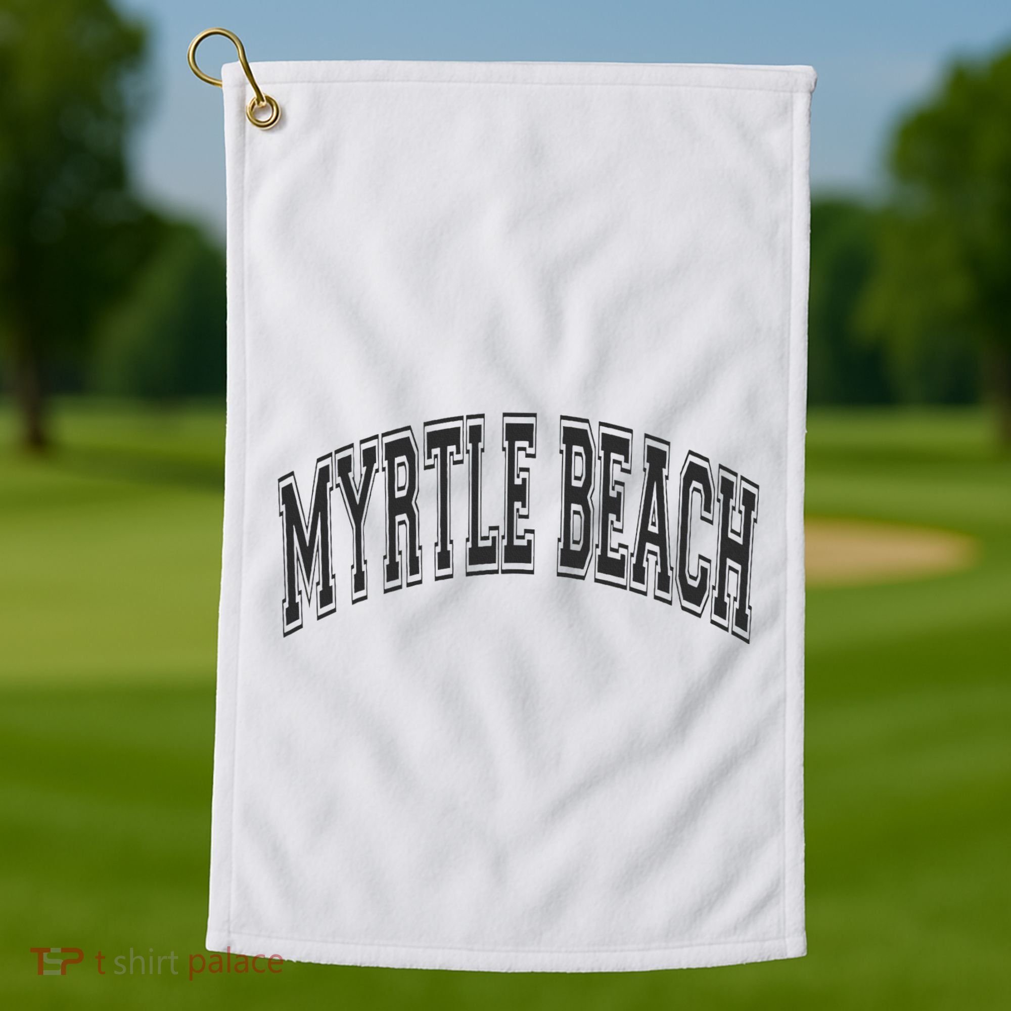 Myrtle Beach Arched Style Text Black With Black Print Golf Towel