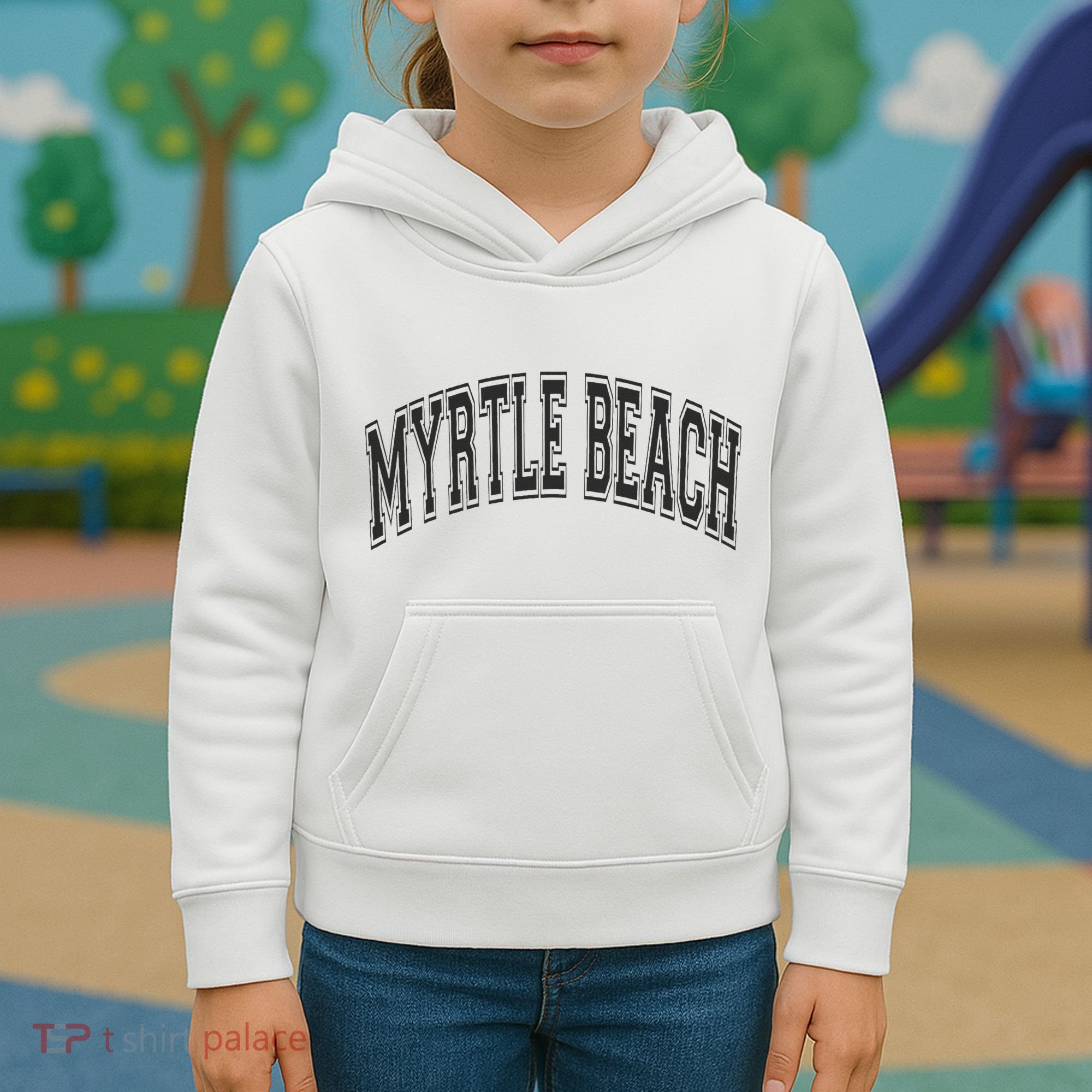 Myrtle Beach Arched Style Text Black With Black Print Kids Hoodie