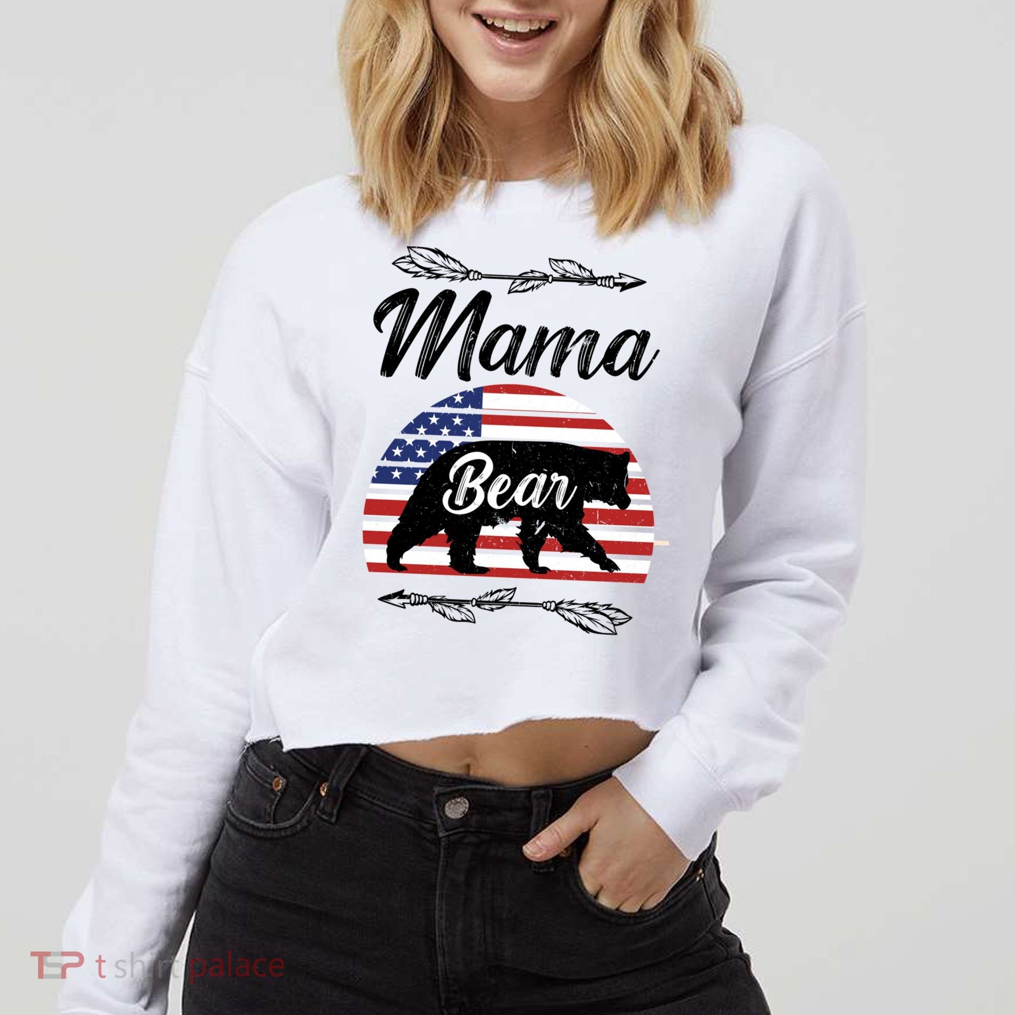 Mama Bear American Flag Funny Gift Cropped Pullover Crew