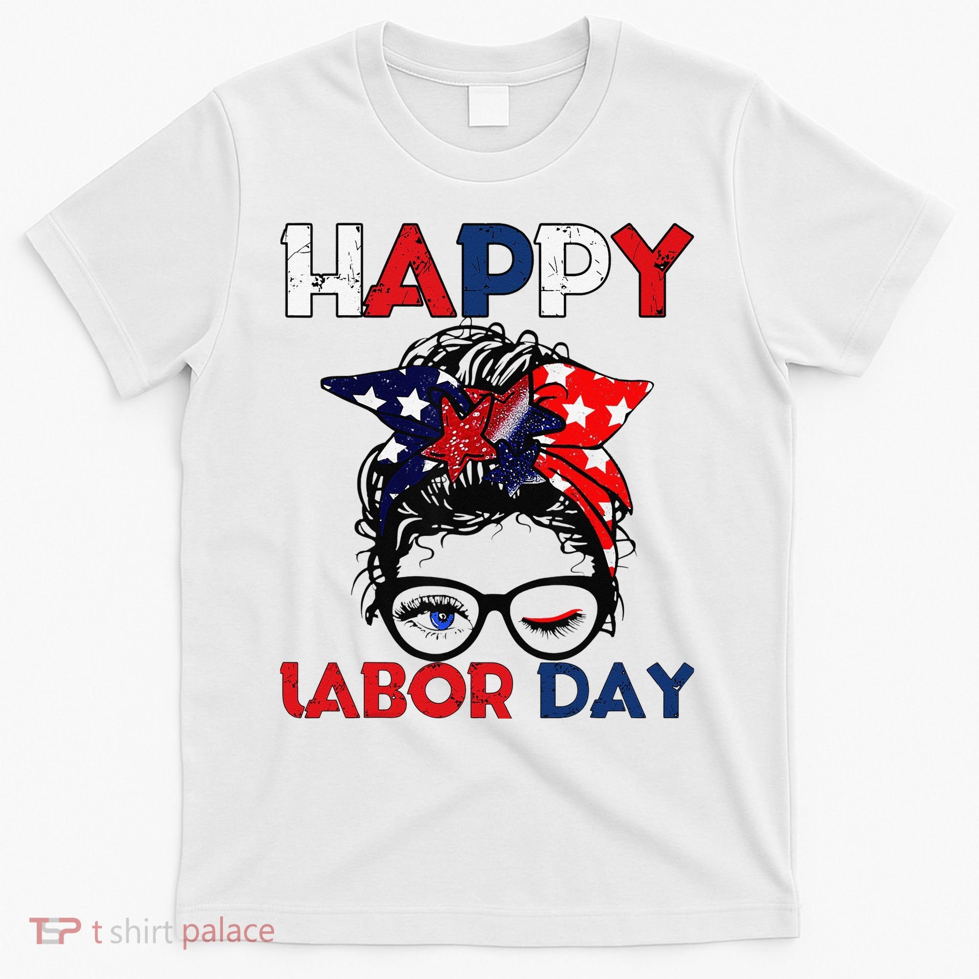 Messy Bun American Flag Labor Day Woman USA Vintage T-Shirt