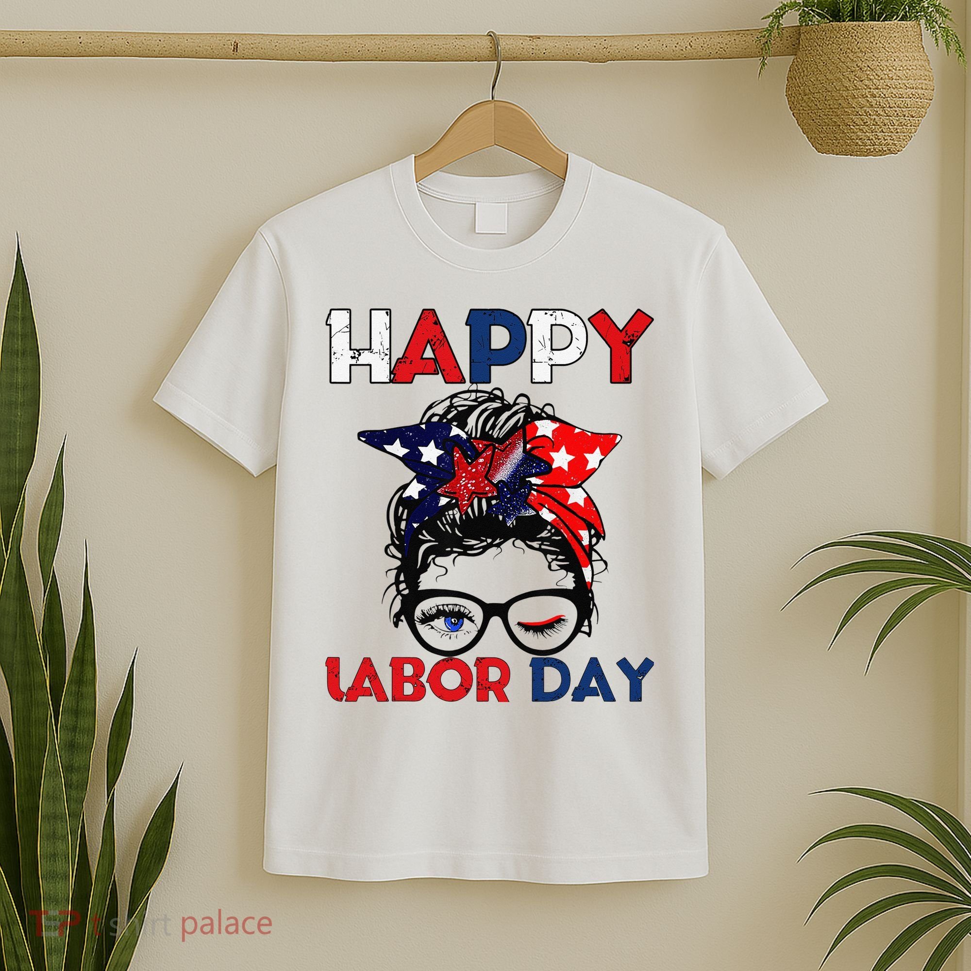 Messy Bun American Flag Labor Day Woman USA Vintage T-Shirt