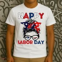 Messy Bun American Flag Labor Day Woman USA Vintage T-Shirt thumb 3