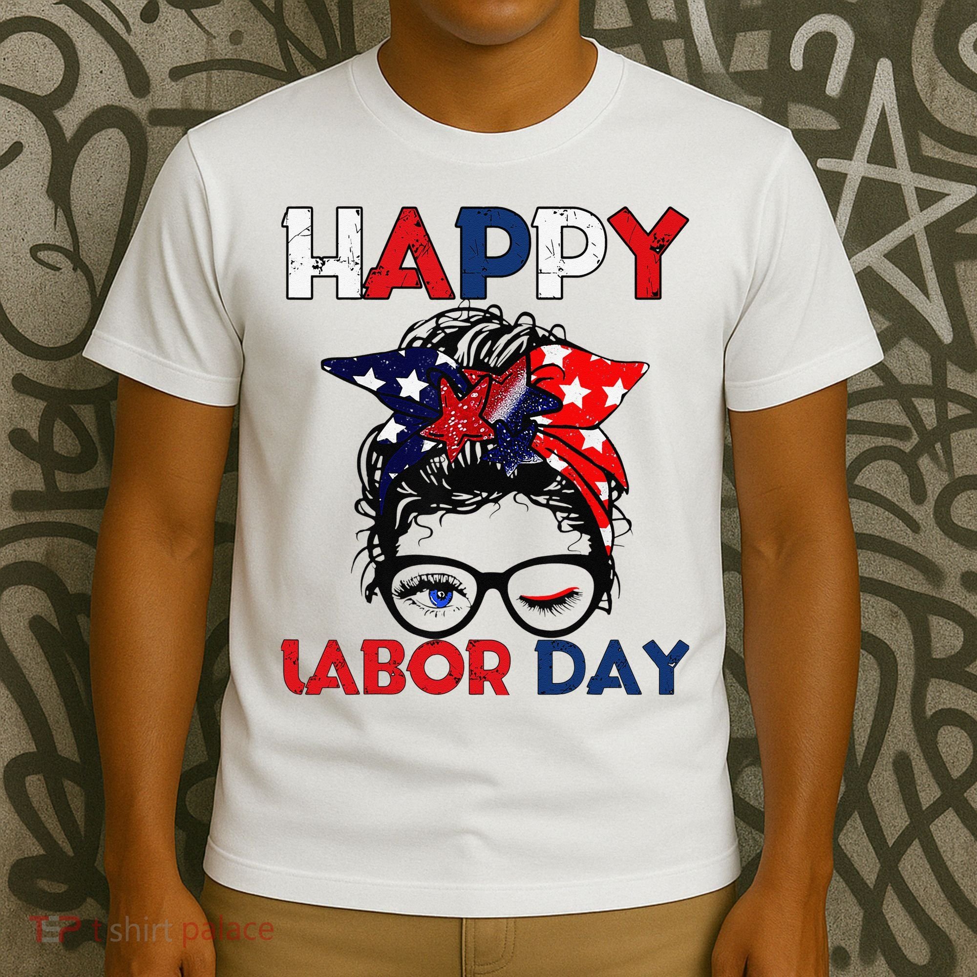 Messy Bun American Flag Labor Day Woman USA Vintage T-Shirt