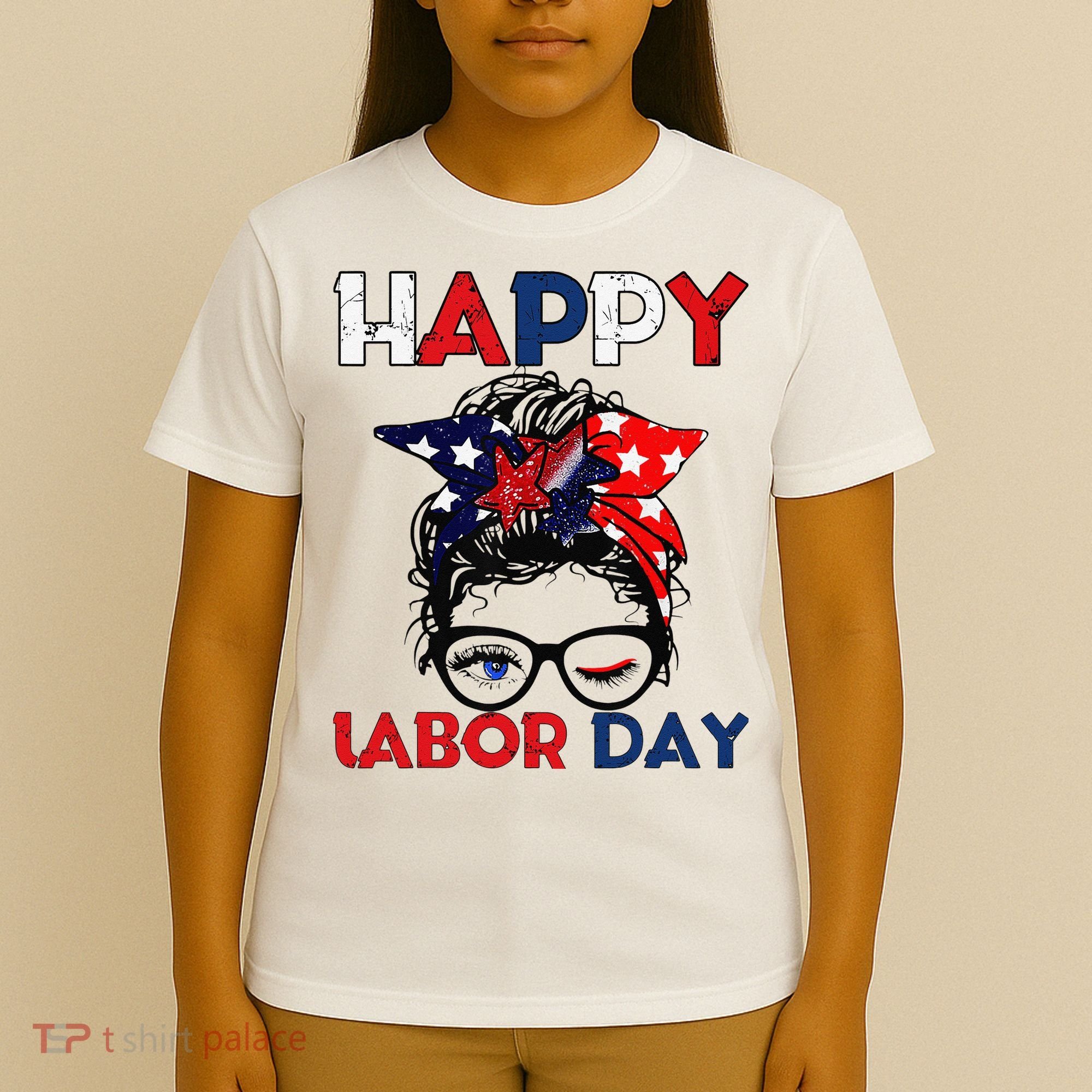 Messy Bun American Flag Labor Day Woman USA Vintage T-Shirt