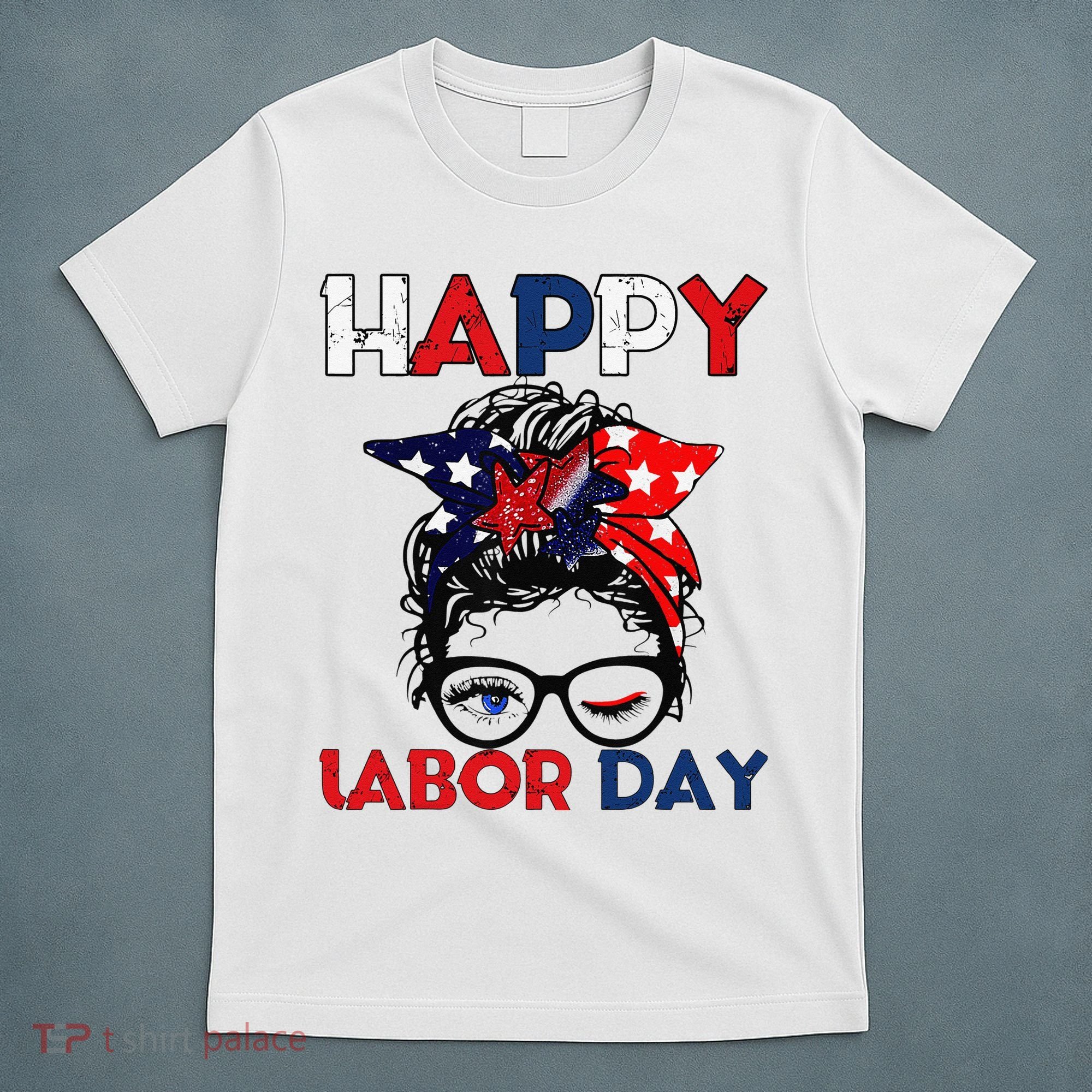 Messy Bun American Flag Labor Day Woman USA Vintage T-Shirt