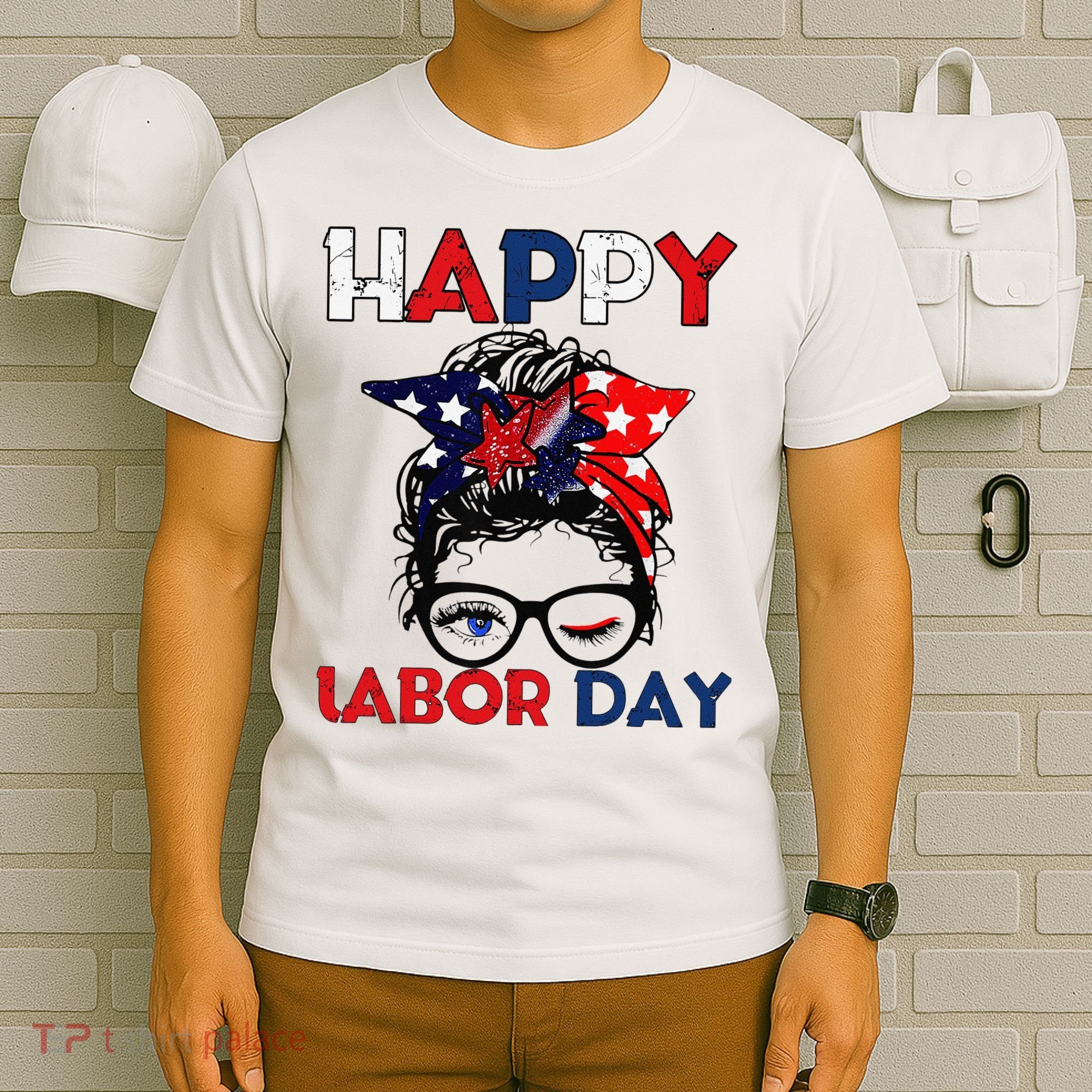 Messy Bun American Flag Labor Day Woman USA Vintage T-Shirt