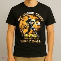 My Broom Broke So Now I Play Softball Baseball Halloween T-Shirt thumb 3