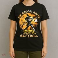 My Broom Broke So Now I Play Softball Baseball Halloween T-Shirt thumb 4