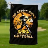 My Broom Broke So Now I Play Softball Baseball Halloween Golf Towel thumb 1