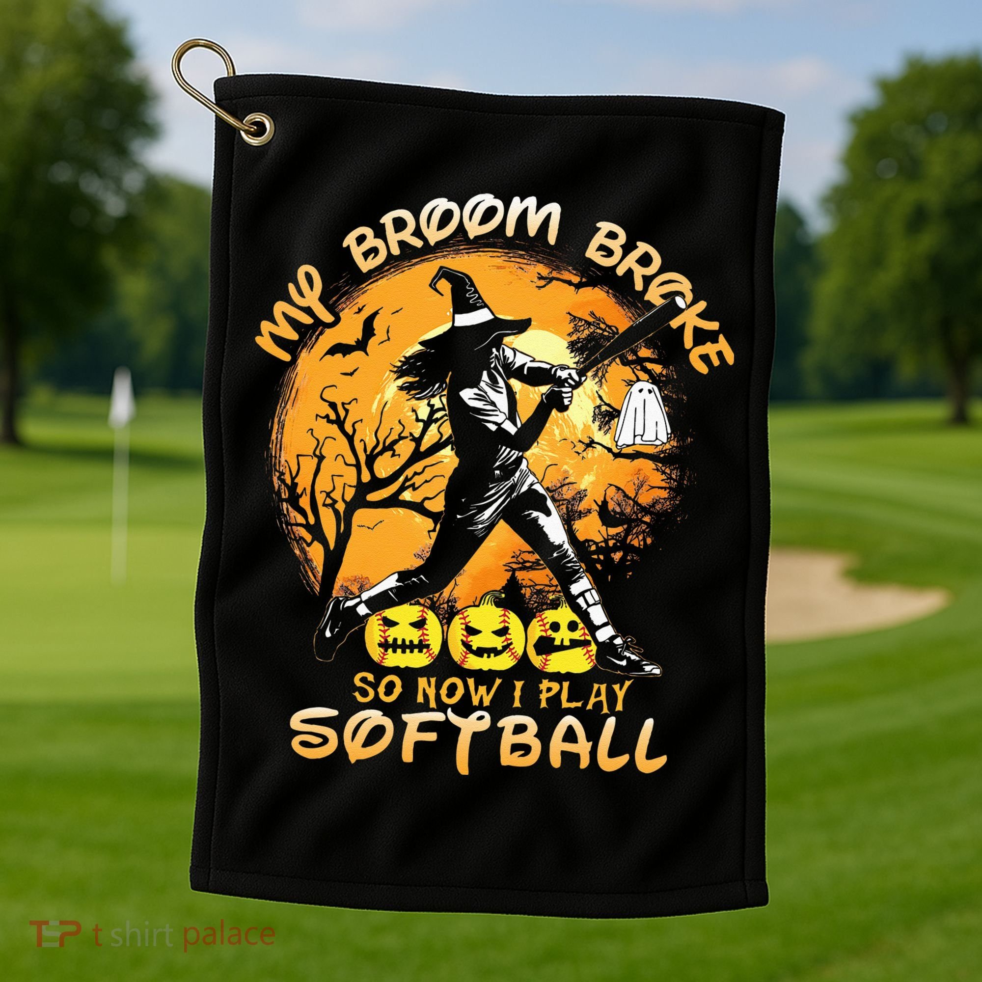 My Broom Broke So Now I Play Softball Baseball Halloween Golf Towel
