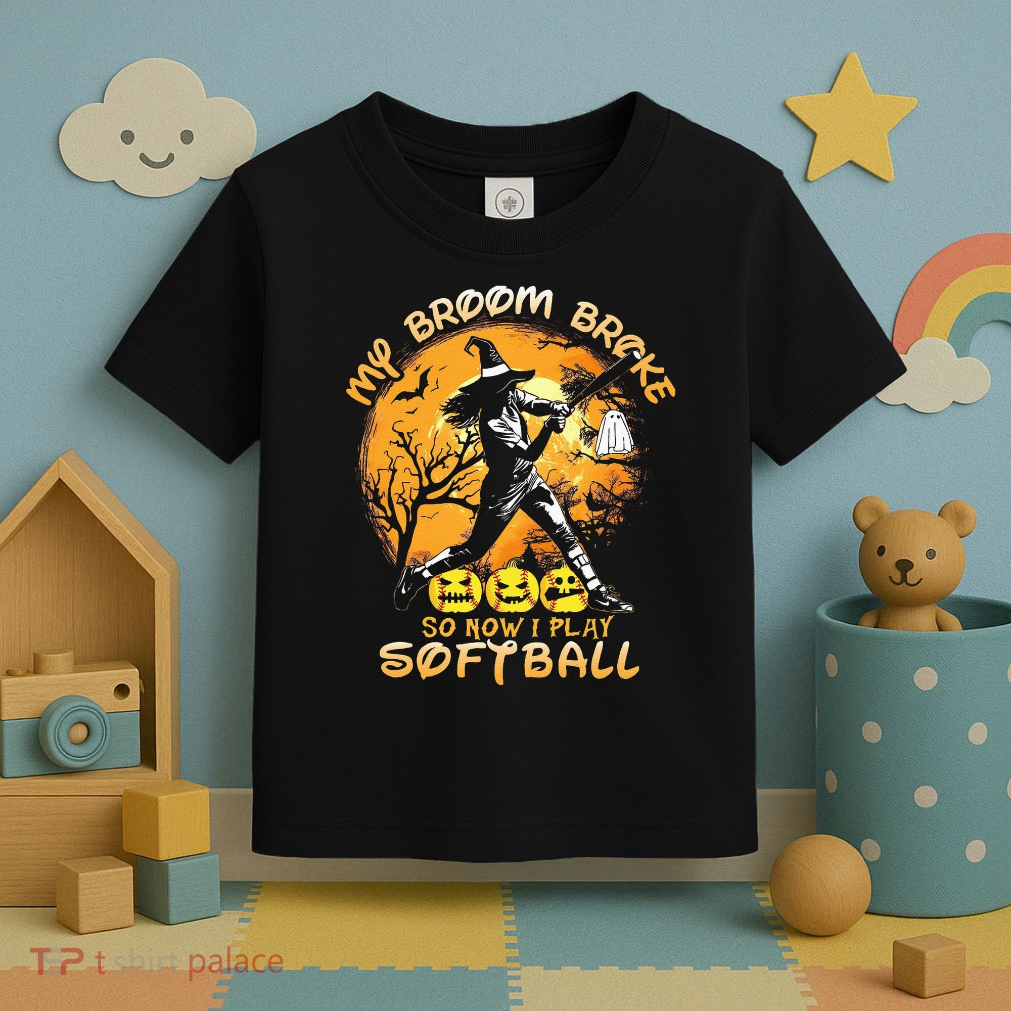 My Broom Broke So Now I Play Softball Baseball Halloween Toddler T-Shirt