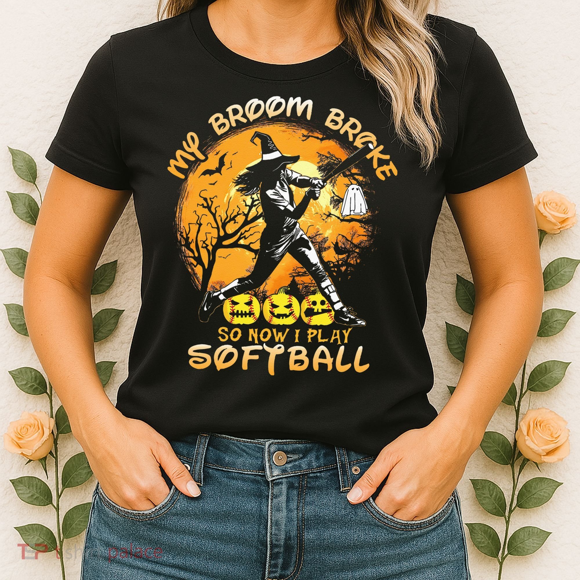 My Broom Broke So Now I Play Softball Baseball Halloween Women's T-Shirt