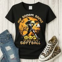My Broom Broke So Now I Play Softball Baseball Halloween Women's T-Shirt thumb 3