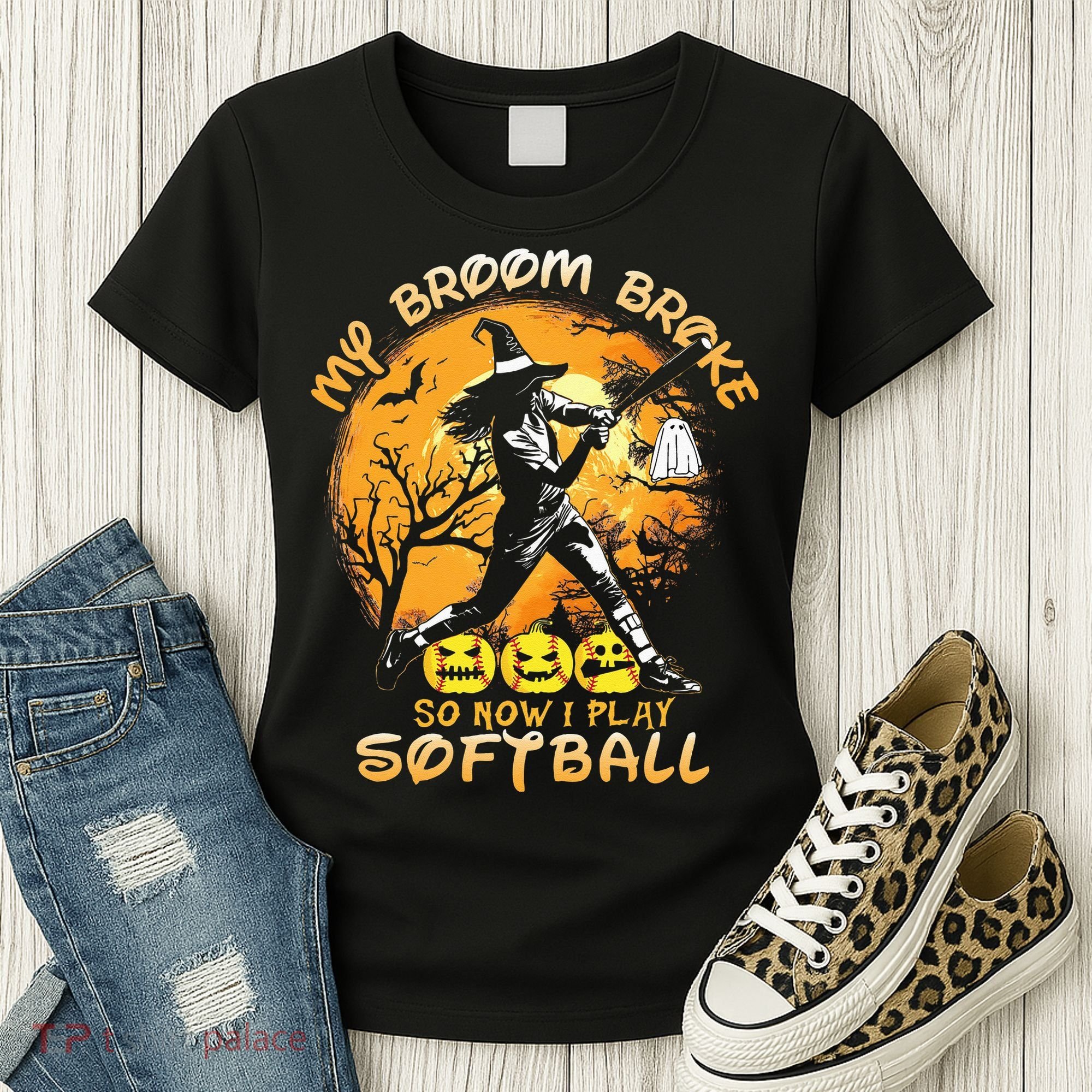 My Broom Broke So Now I Play Softball Baseball Halloween Women's T-Shirt