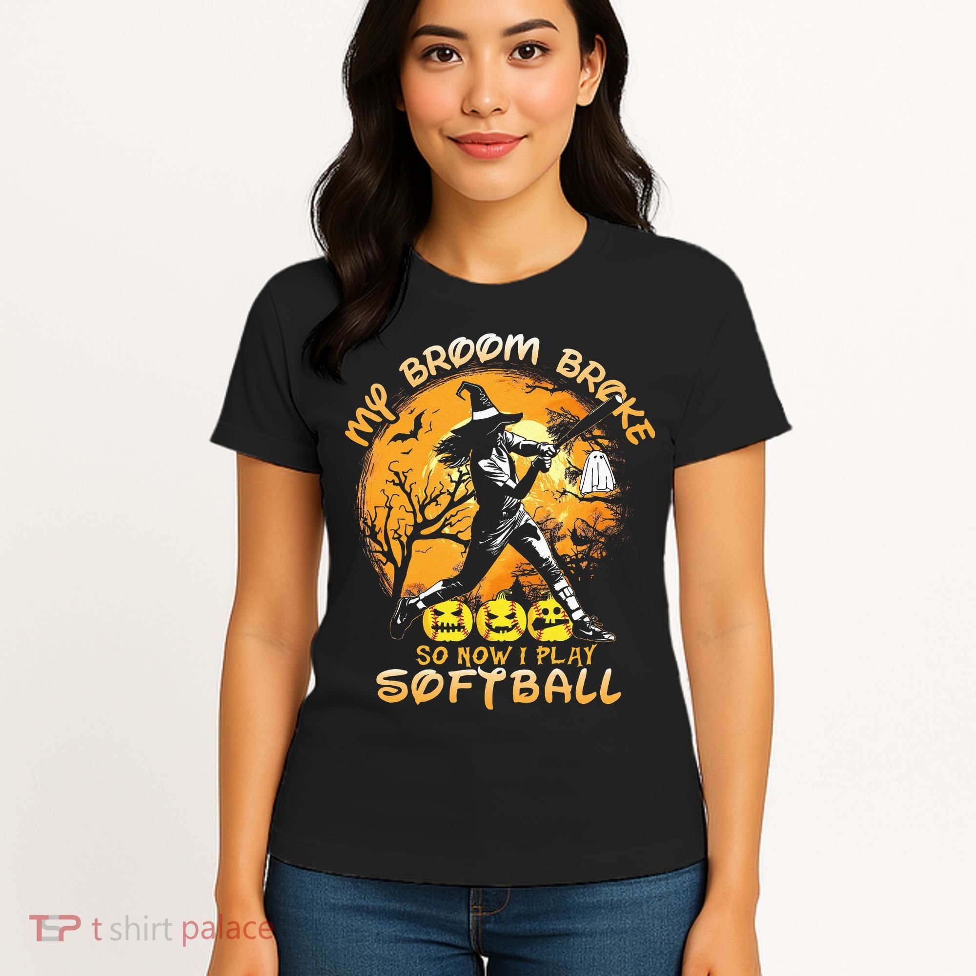 My Broom Broke So Now I Play Softball Baseball Halloween Women's T-Shirt