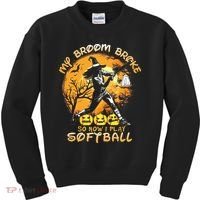 My Broom Broke So Now I Play Softball Baseball Halloween Kids Sweatshirt thumb 0