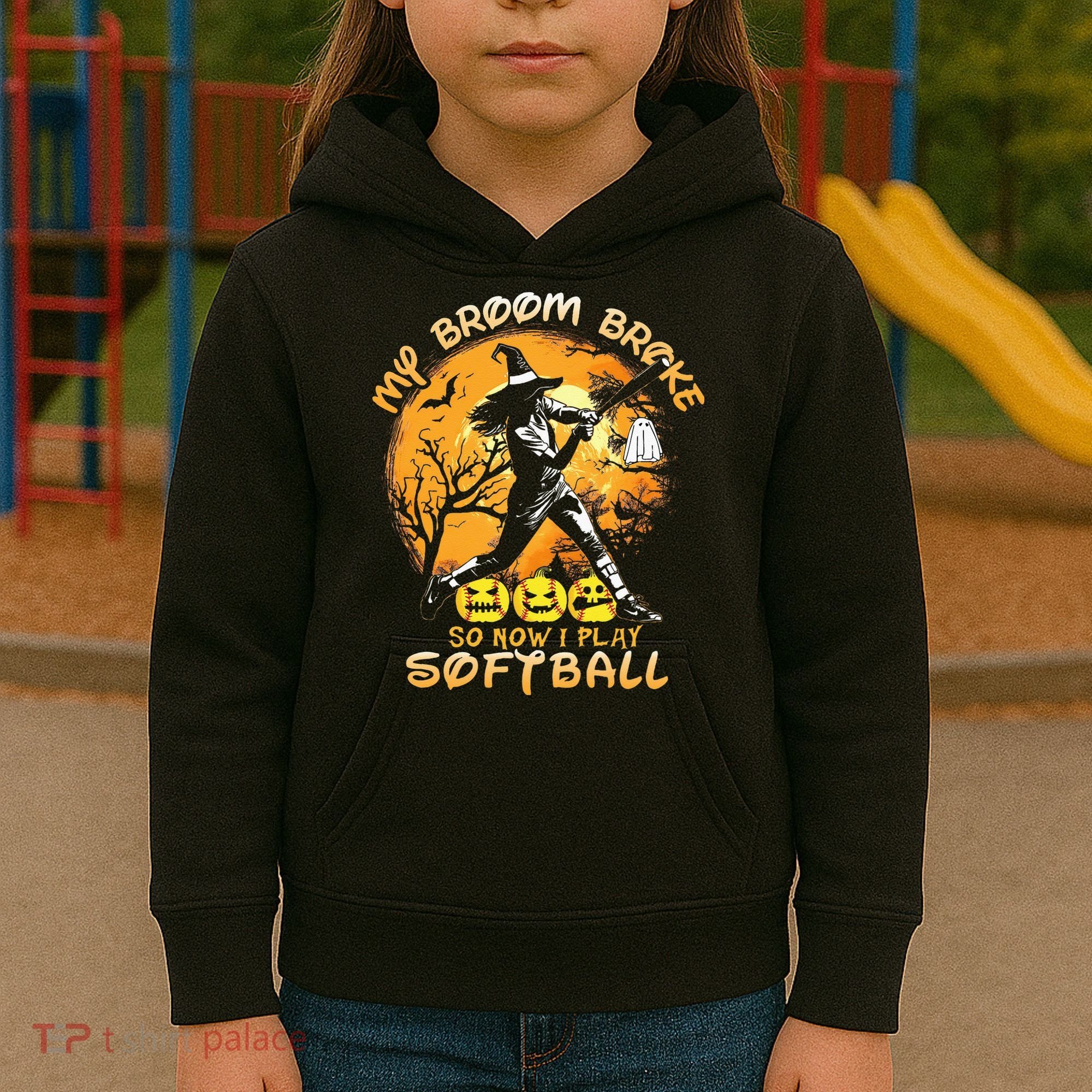 My Broom Broke So Now I Play Softball Baseball Halloween Kids Hoodie