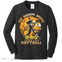 My Broom Broke So Now I Play Softball Baseball Halloween Kids Long Sleeve Shirt thumb 0