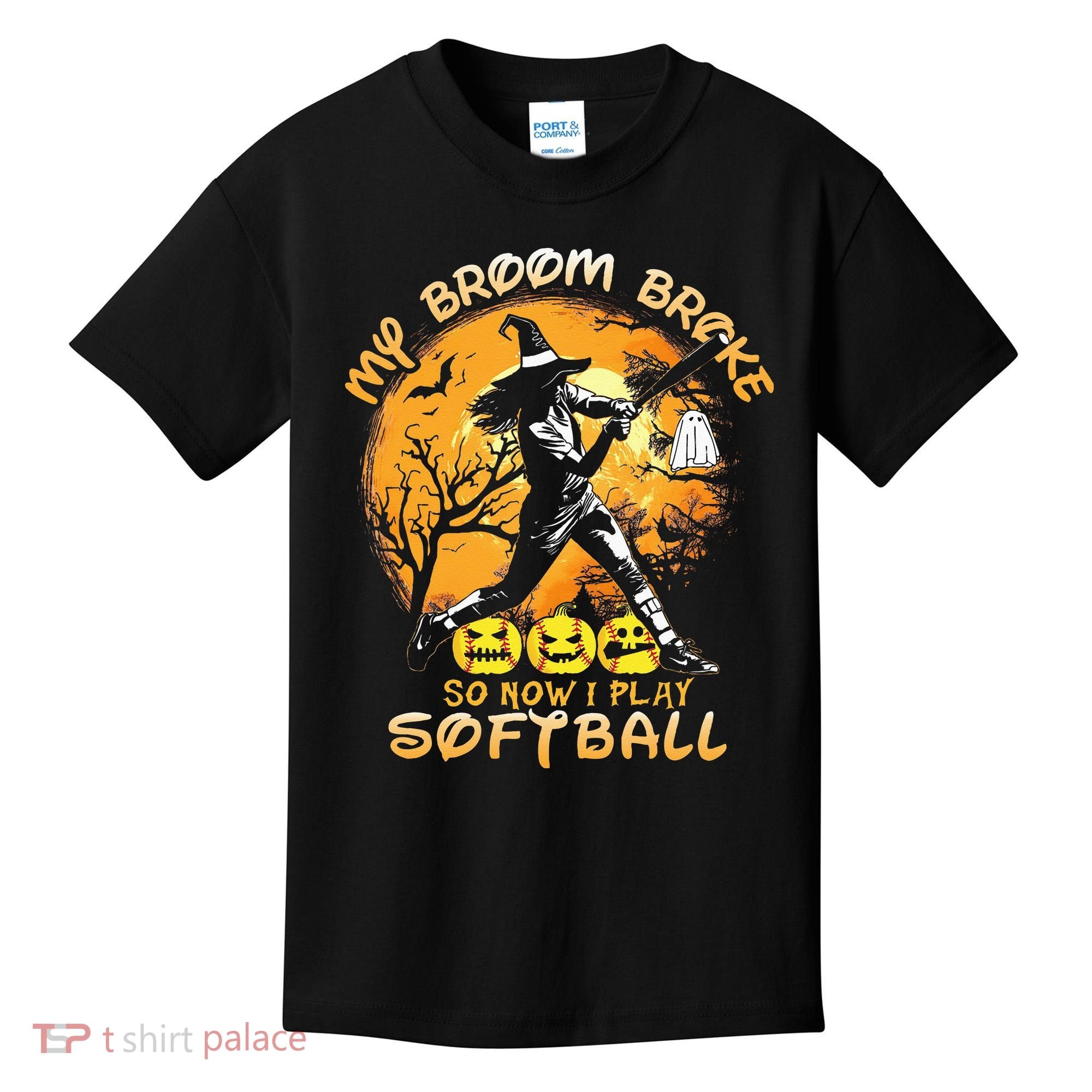 My Broom Broke So Now I Play Softball Baseball Halloween Kids T-Shirt