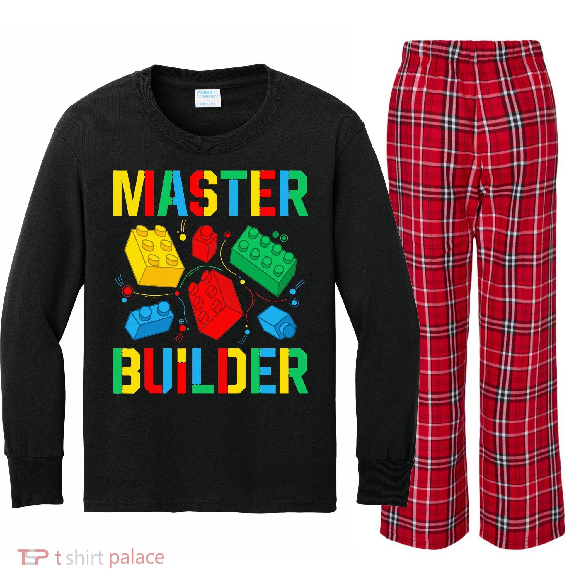 Master Builder Building Blocks Brick Toy Master Builder Kids Long Sleeve Plaid Pajama Set