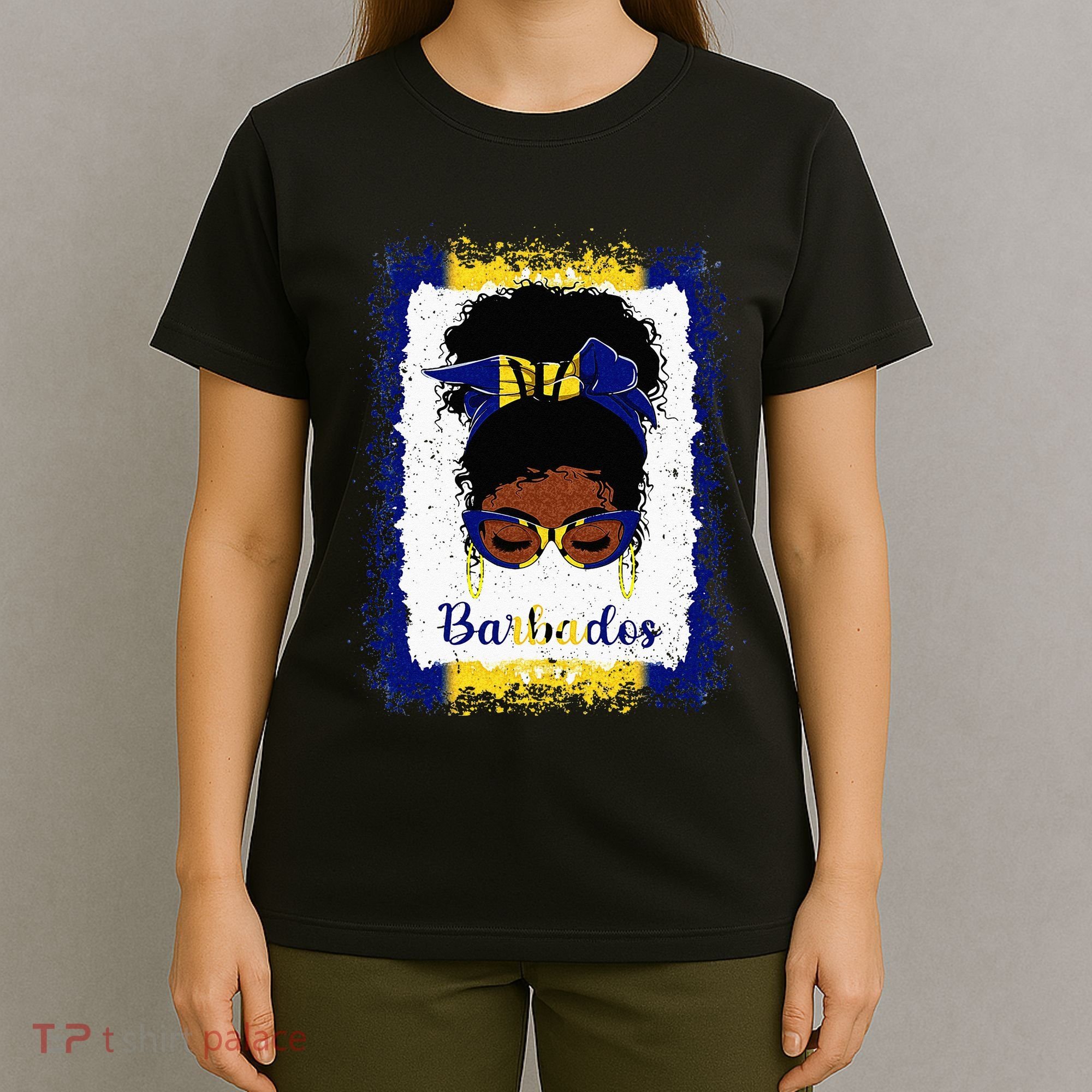 Messy Bun Barbados Flag Woman Girl T-Shirt