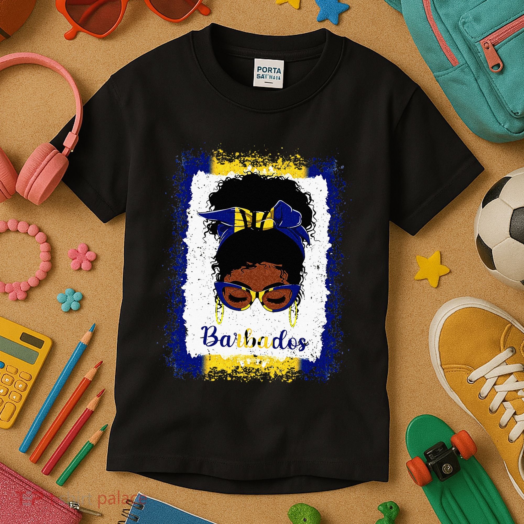 Messy Bun Barbados Flag Woman Girl Kids T-Shirt