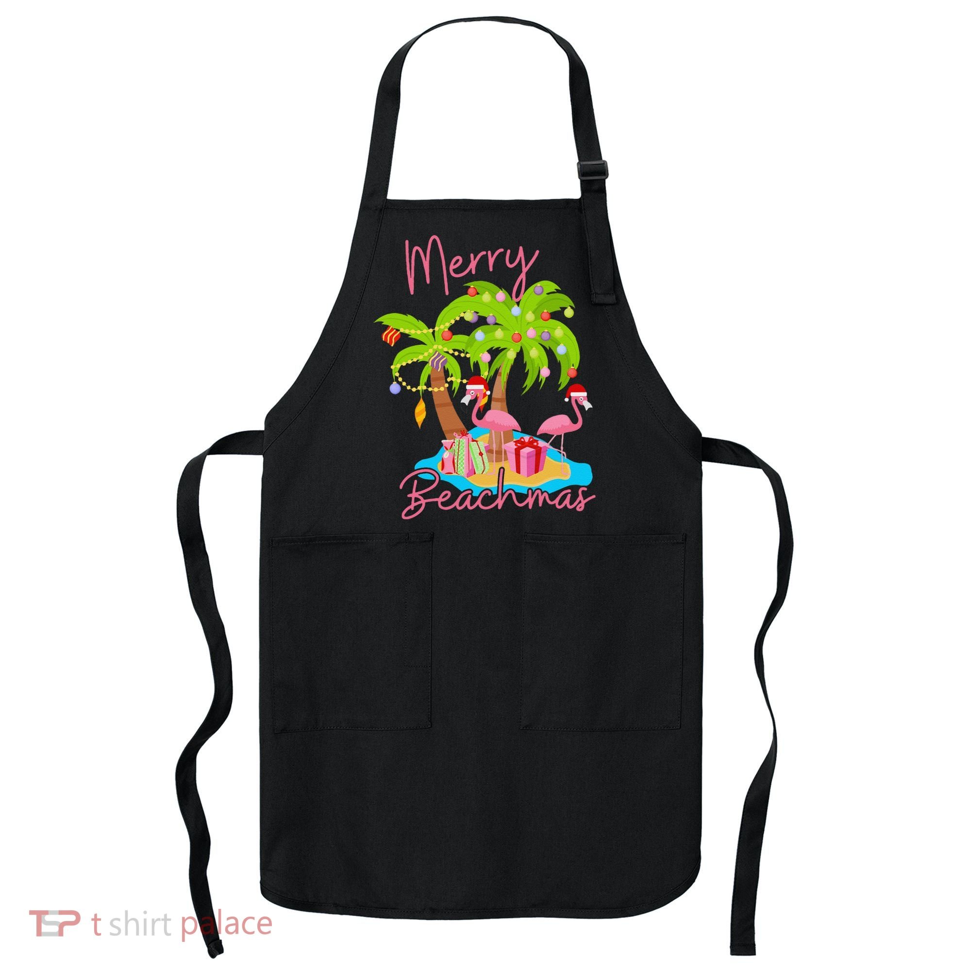 Merry Beachmas Christmas Palm Trees Xmas Lights Flamingos Apron