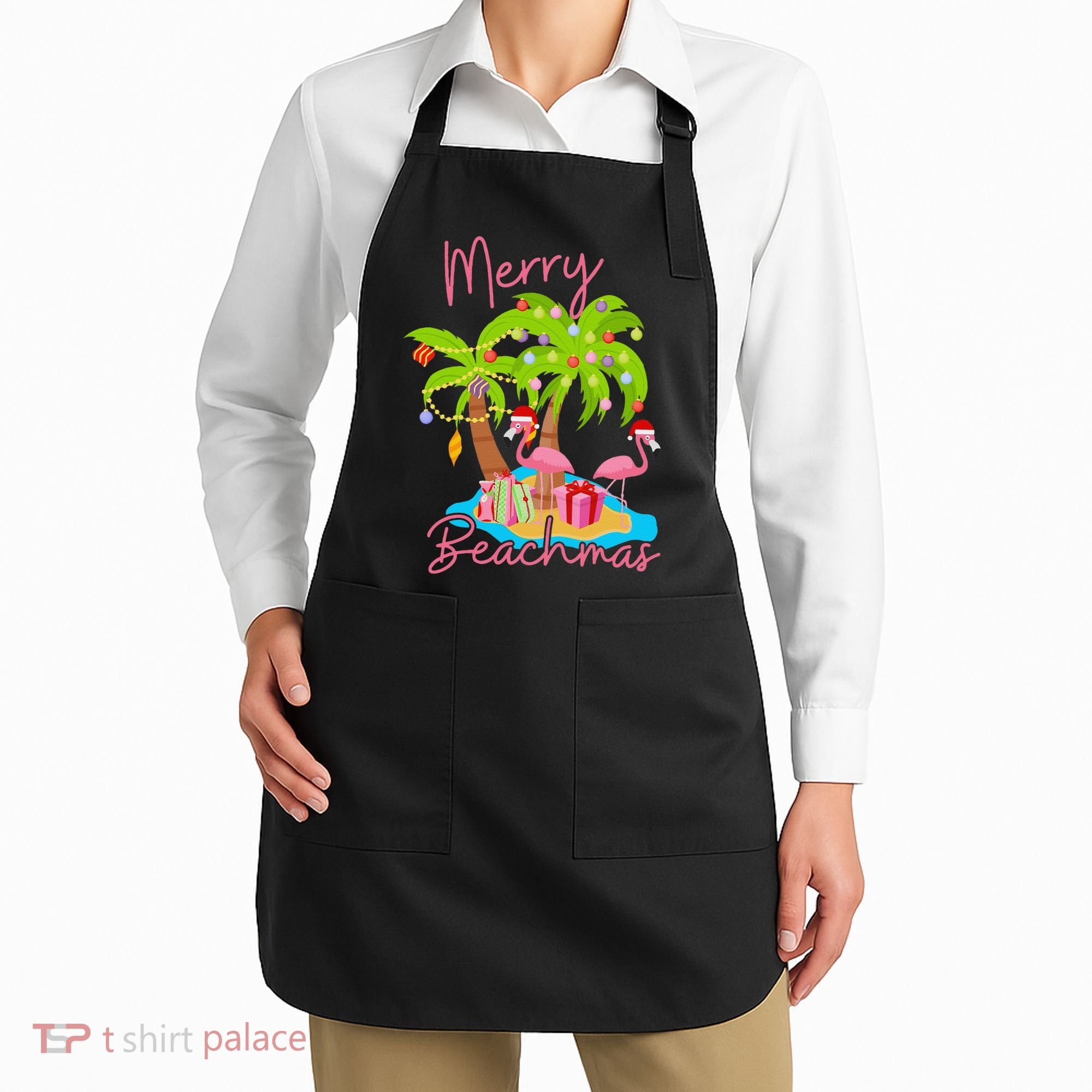 Merry Beachmas Christmas Palm Trees Xmas Lights Flamingos Apron
