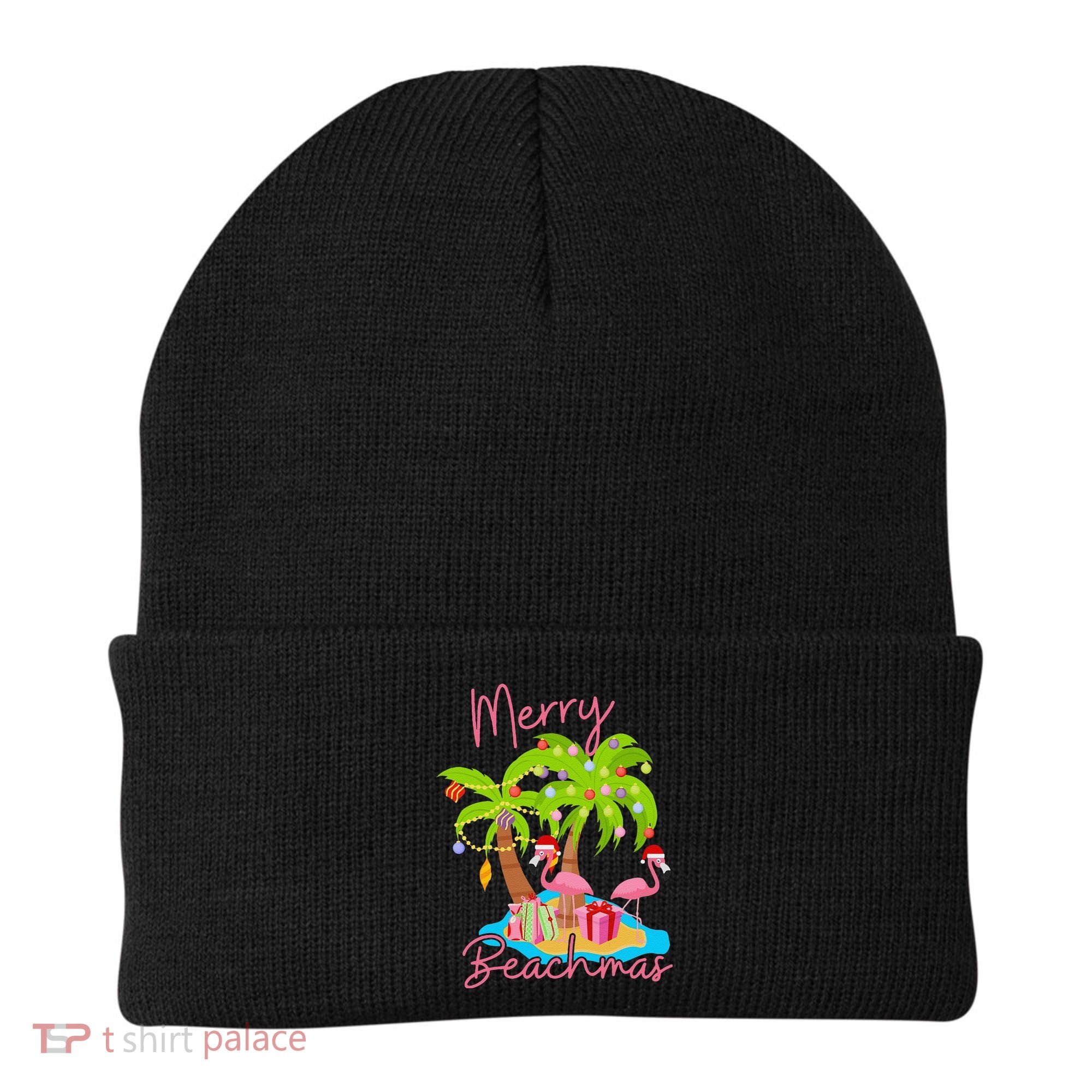 Merry Beachmas Christmas Palm Trees Xmas Lights Flamingos Beanie