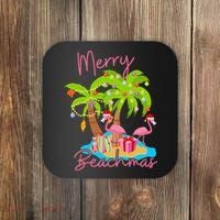 Merry Beachmas Christmas Palm Trees Xmas Lights Flamingos Coaster thumb 0