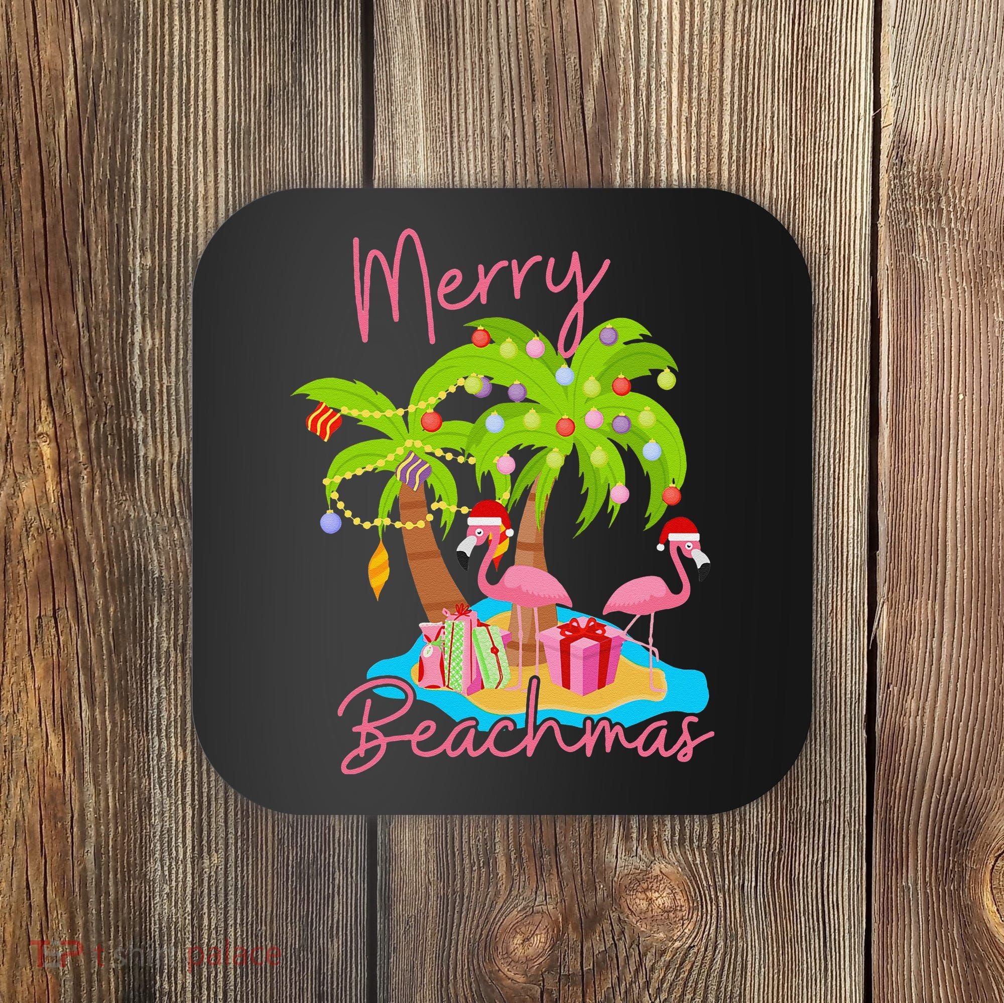 Merry Beachmas Christmas Palm Trees Xmas Lights Flamingos Coaster