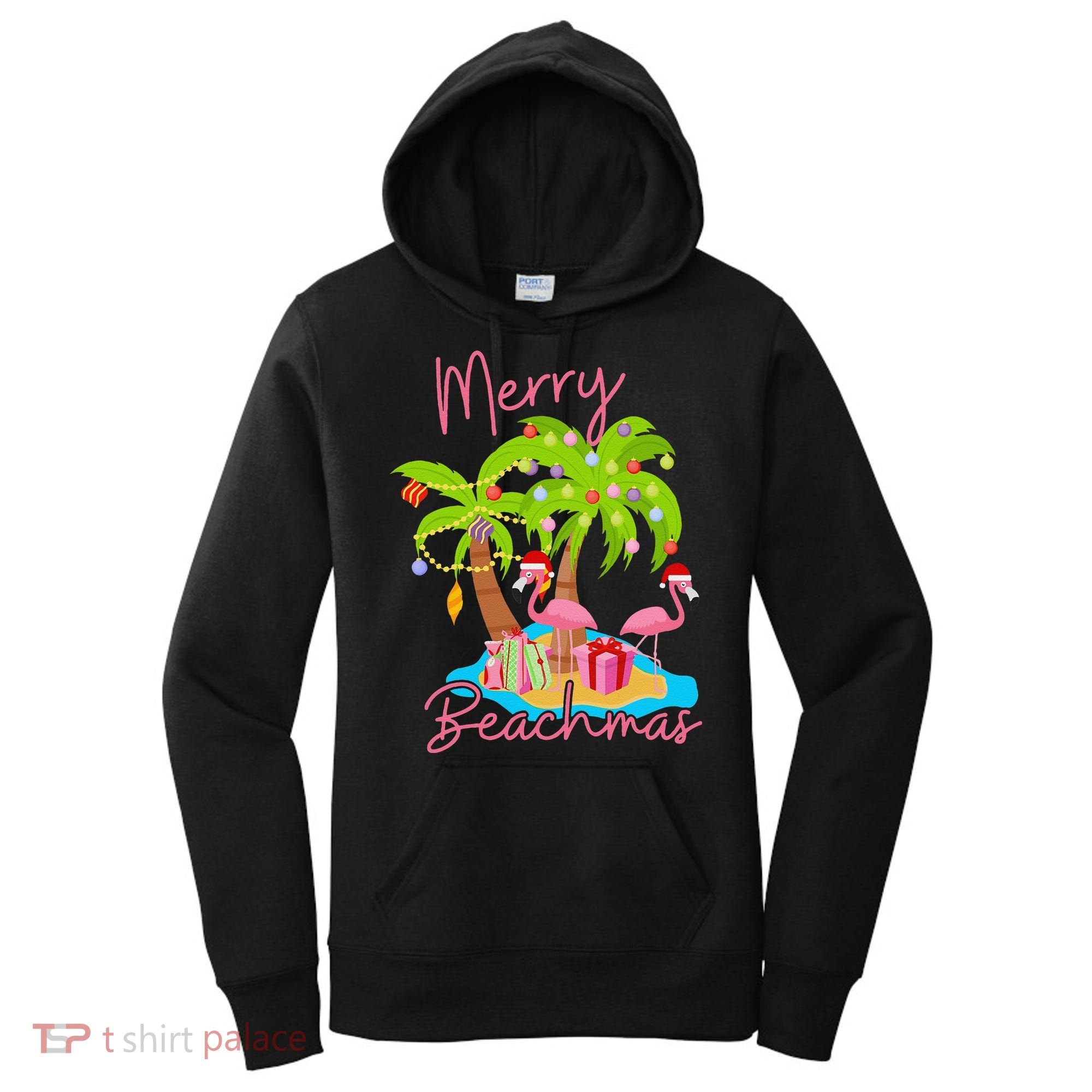 Merry Beachmas Christmas Palm Trees Xmas Lights Flamingos Women's Hoodie