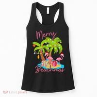 Merry Beachmas Christmas Palm Trees Xmas Lights Flamingos Women's Tank Top thumb 0