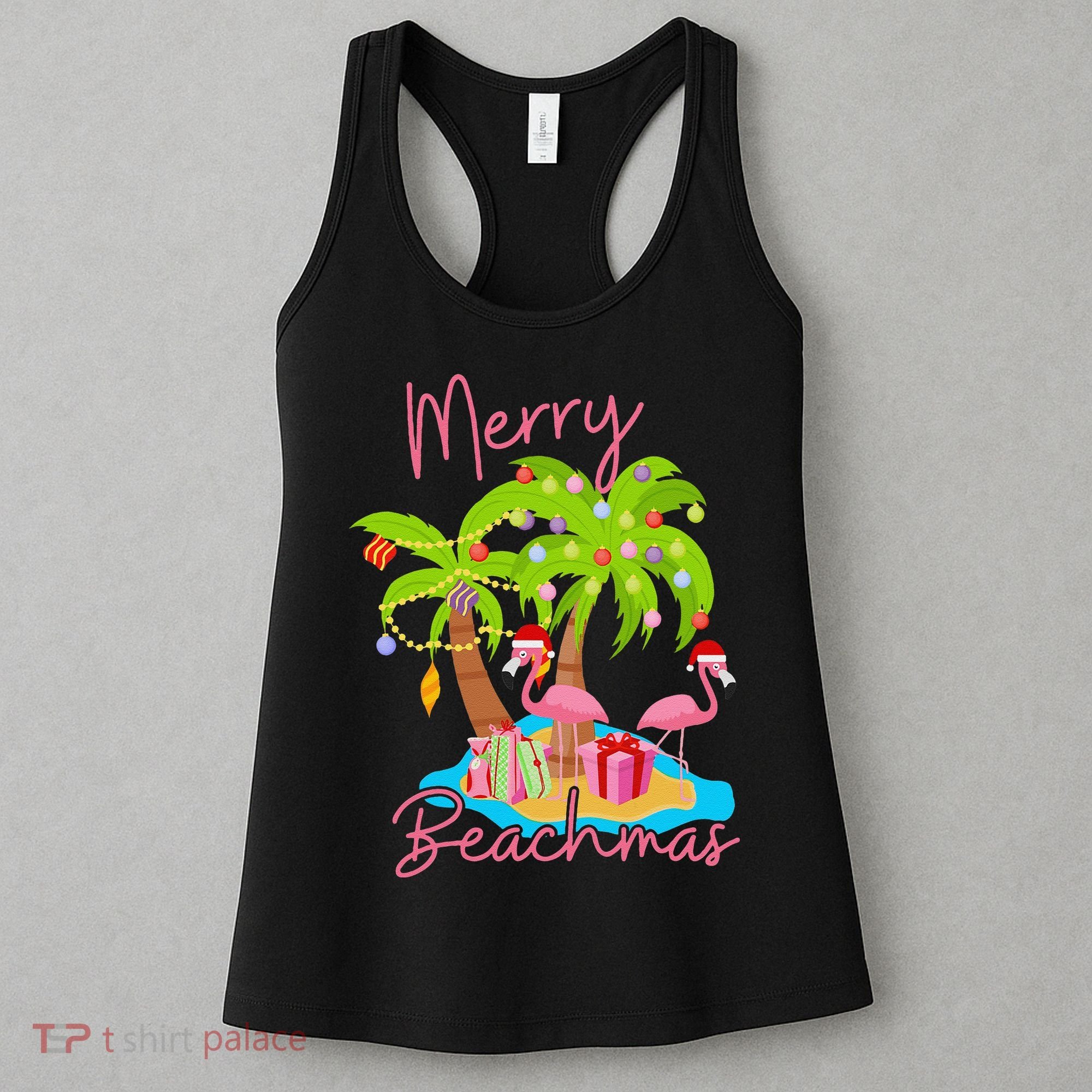 Merry Beachmas Christmas Palm Trees Xmas Lights Flamingos Women's Tank Top