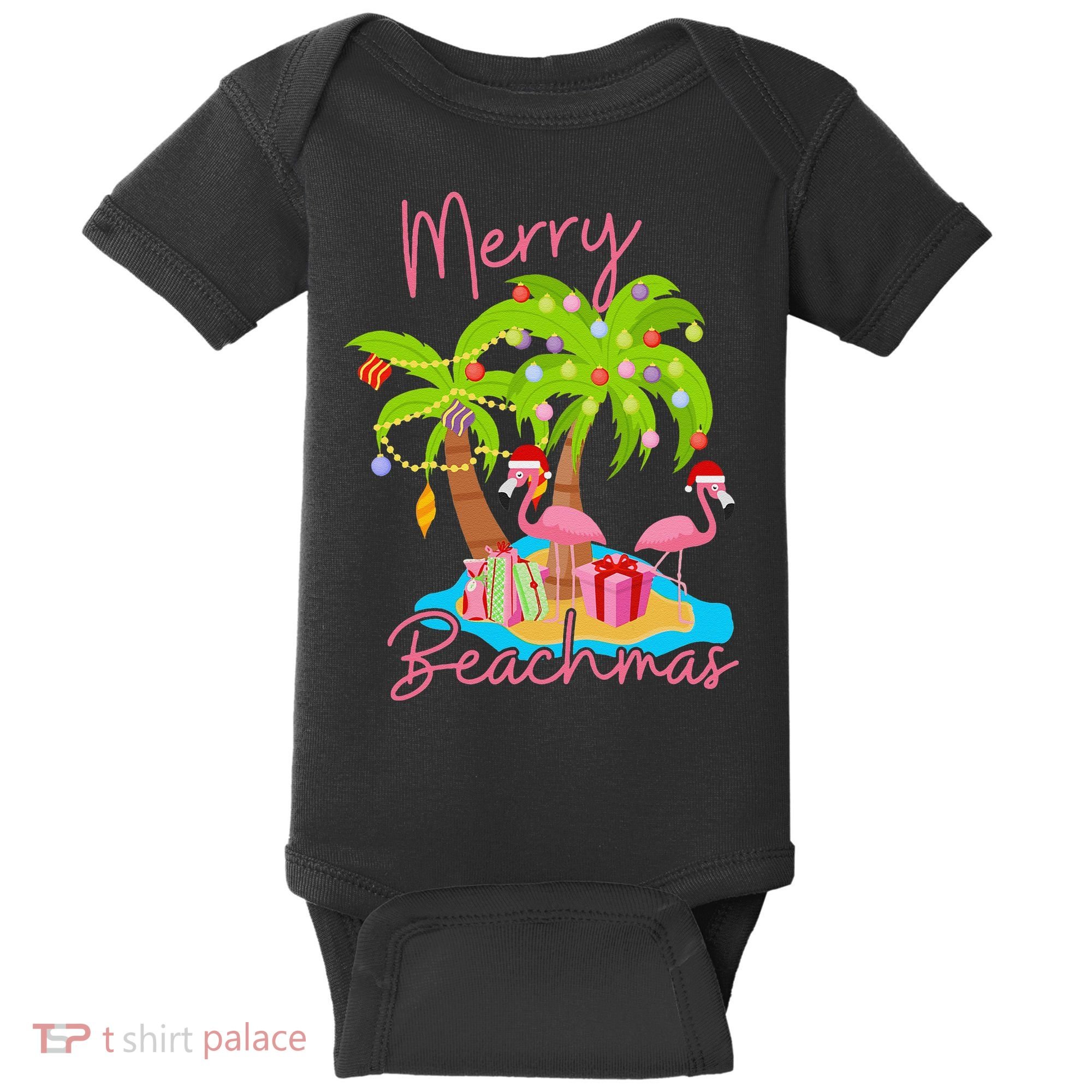 Merry Beachmas Christmas Palm Trees Xmas Lights Flamingos Baby Bodysuit