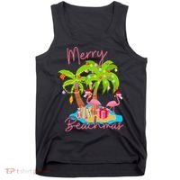 Merry Beachmas Christmas Palm Trees Xmas Lights Flamingos Tank Top thumb 0