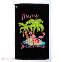 Merry Beachmas Christmas Palm Trees Xmas Lights Flamingos Golf Towel thumb 0
