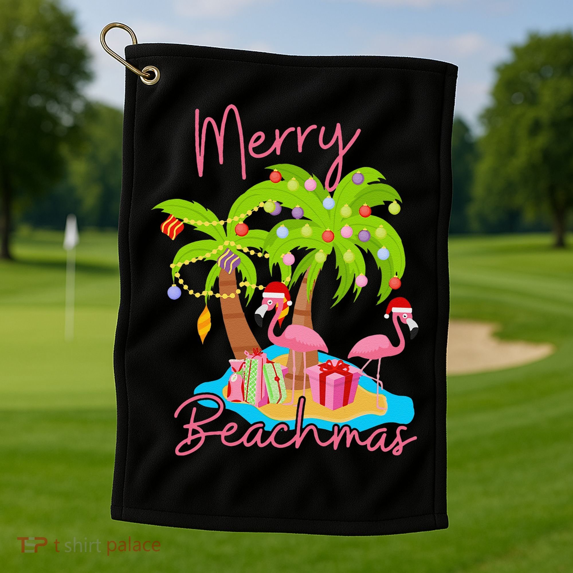 Merry Beachmas Christmas Palm Trees Xmas Lights Flamingos Golf Towel