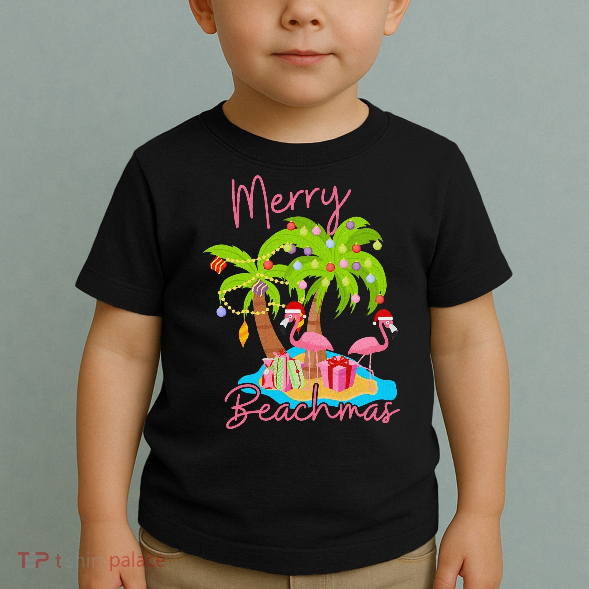 Merry Beachmas Christmas Palm Trees Xmas Lights Flamingos Toddler T-Shirt