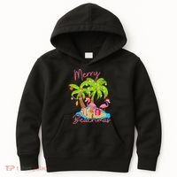 Merry Beachmas Christmas Palm Trees Xmas Lights Flamingos Kids Hoodie thumb 0