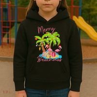 Merry Beachmas Christmas Palm Trees Xmas Lights Flamingos Kids Hoodie thumb 3