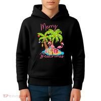 Merry Beachmas Christmas Palm Trees Xmas Lights Flamingos Kids Hoodie thumb 4