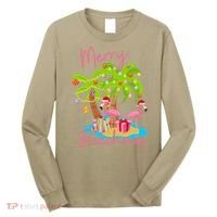 Merry Beachmas Christmas Palm Trees Xmas Lights Flamingos Long Sleeve Shirt thumb 0