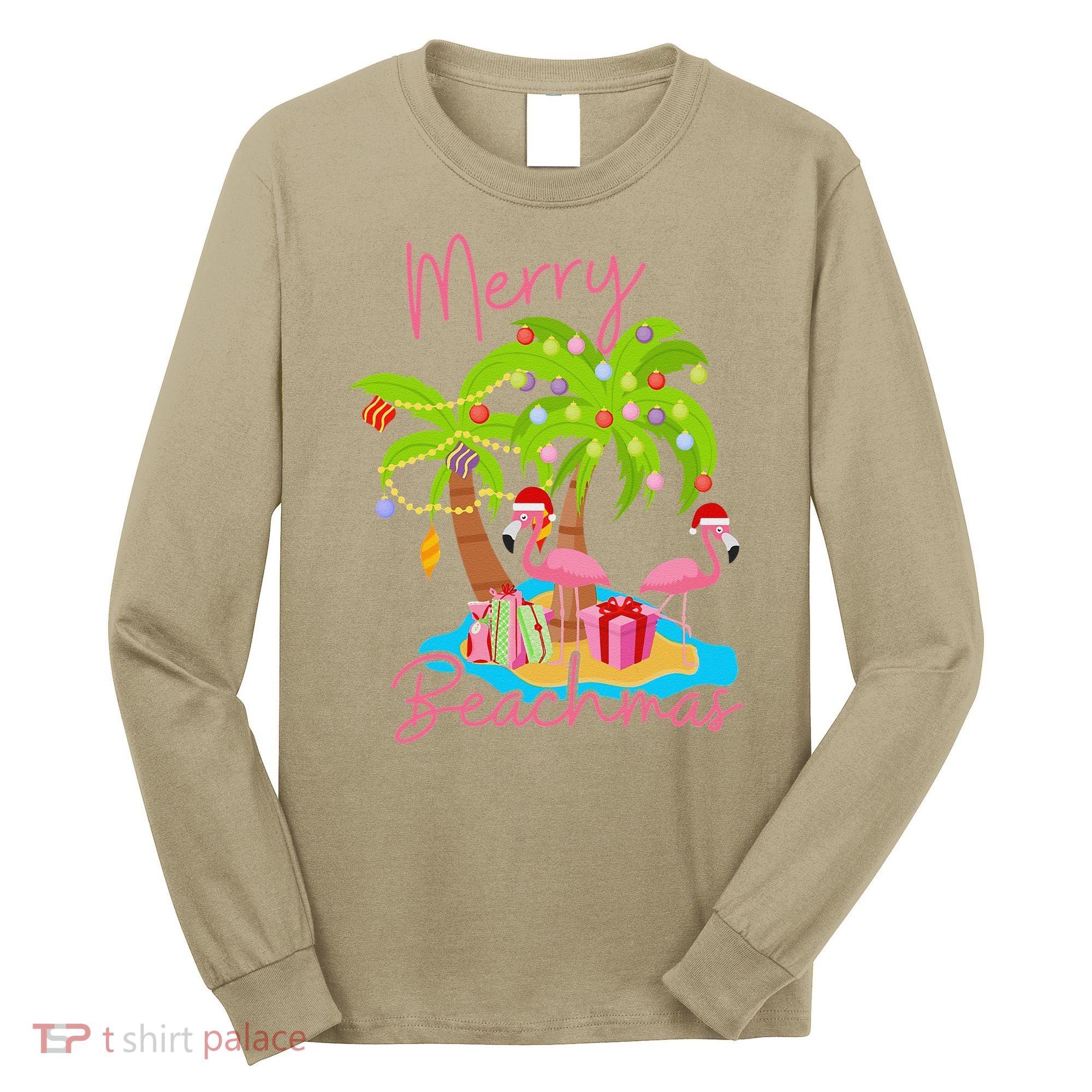 Merry Beachmas Christmas Palm Trees Xmas Lights Flamingos Long Sleeve Shirt