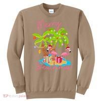 Merry Beachmas Christmas Palm Trees Xmas Lights Flamingos Sweatshirt thumb 0