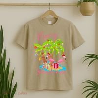 Merry Beachmas Christmas Palm Trees Xmas Lights Flamingos T-Shirt thumb 2