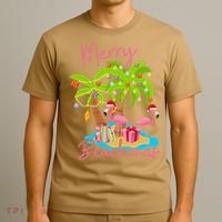 Merry Beachmas Christmas Palm Trees Xmas Lights Flamingos T-Shirt thumb 3